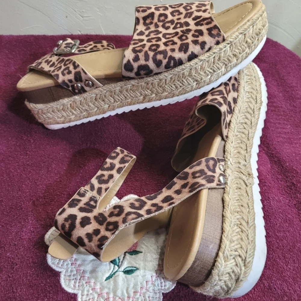 Soda Cheetah Platform Sandals with Buckle Closure, Womens Size 10